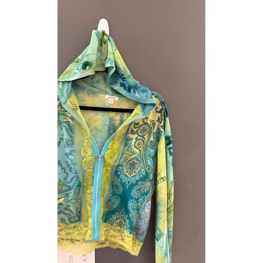 Jaipur Womens‎ Y2K Mesh Paisley Tie Dye Zip Up Hoodie Lace Rosette Turquoise L - Picture 2 of 9